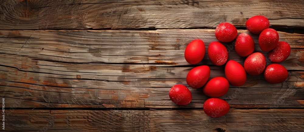 Poster easter-themed red eggs showcased against a rustic wooden backdrop with ample copy space image.