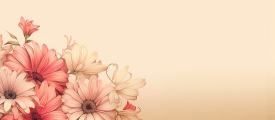 Obraz premium Beige background with a banner adorned by gerbera and alstroemeria flowers, providing a lovely copy space image.
