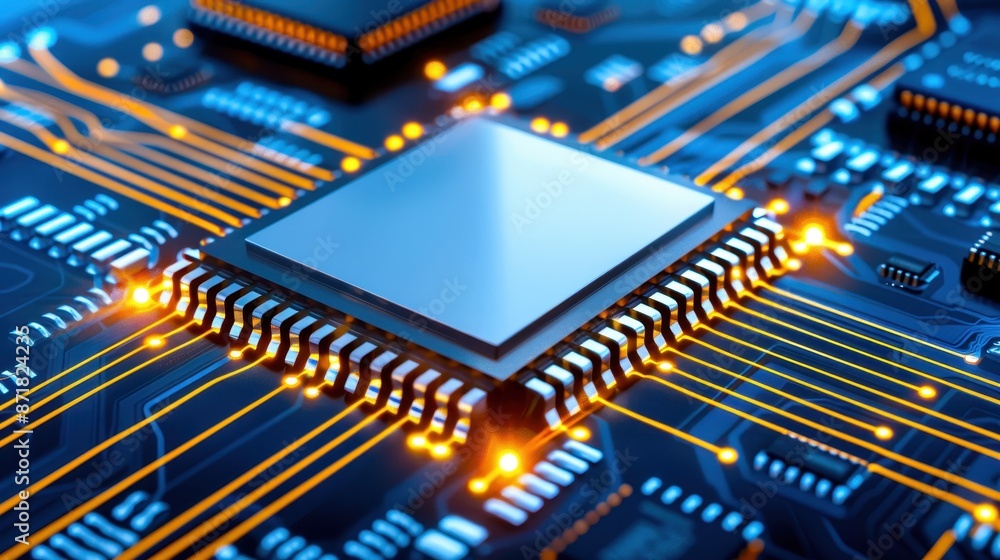 Poster Close-up of a computer microchip on a circuit board with glowing circuits and components in a blue and gold color scheme.