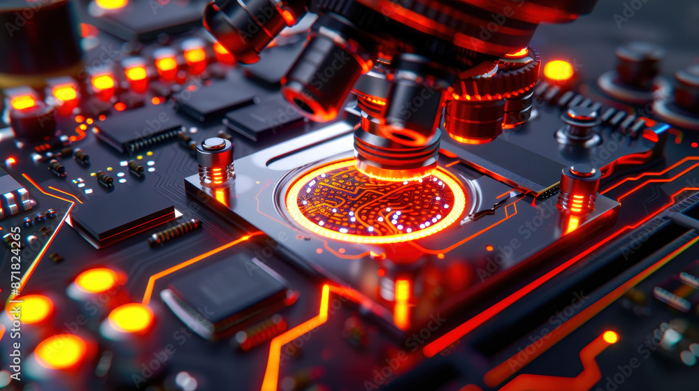 Poster close-up of a microscope zooming in on an illuminated circuit board, highlighting high-tech microchi