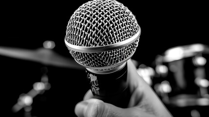 Close-up of a hand holding a microphone on stage with a blurred background of musical instruments, conveying performance and concert vibes.
