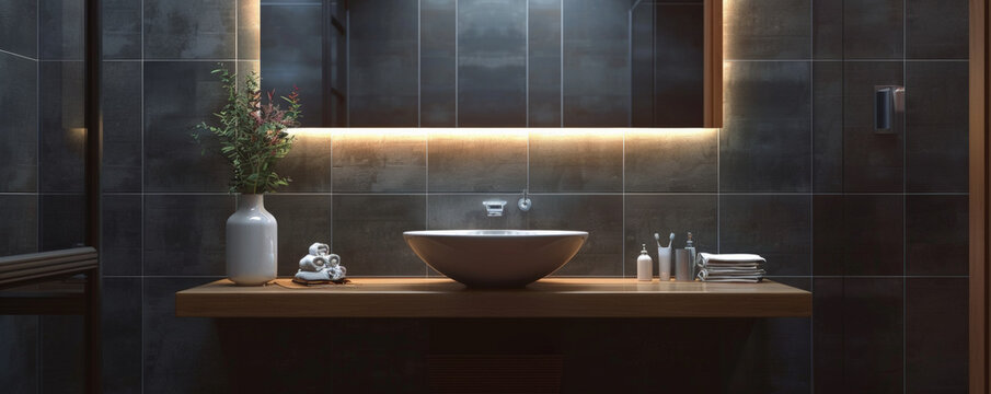 A stylish bathroom with a floating vanity and a frameless mirror, against a dark gray tile wall. The dark wall adds a touch of elegance and modernity to the space.