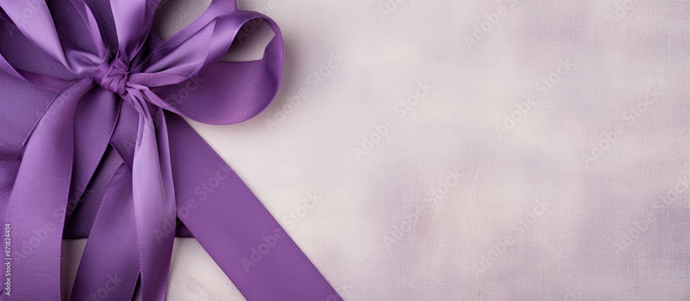 Poster purple ribbon frame against linen background with copy space image.