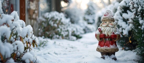 A ceramic figurine of St. Klaus in a snowy garden beside a house, offering a serene copy space image.