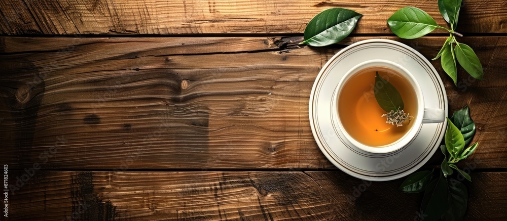Aufkleber wooden table hosts a cup of fragrant green tea with ample copy space image.
