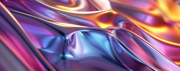 Abstract iridescent background design, 3d render, with a blend of sharp angles and flowing curves. The iridescent surfaces create a striking contrast, with colors that shift between metallic tones.