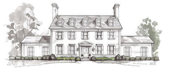 A sketch of a historic American colonial house, with symmetrical facades, white clapboard siding, and classic shutters. The white background highlights the traditional and timeless architectural style
