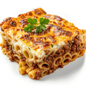 A serving of Greek pastitsio, baked pasta with ground meat and b&Atilde;&copy;chamel sauce, garnished with fresh parsley, isolated on white background.