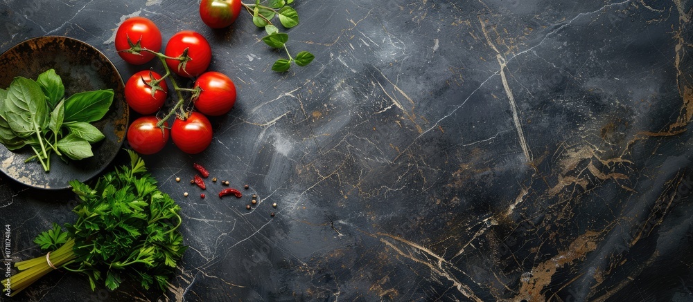 Poster Cooking essentials like pasta, tomatoes, and herbs neatly arranged on a stone table from a top-down perspective, creating a visually appealing image with available space for additional content.