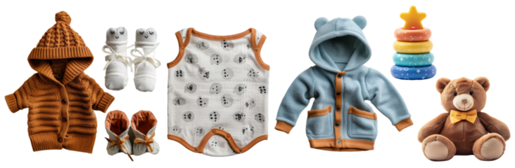 Adorable Baby Clothing Set with Onesie, Booties, and Hat in Cute Designs  cut out dicut PNG on transparent