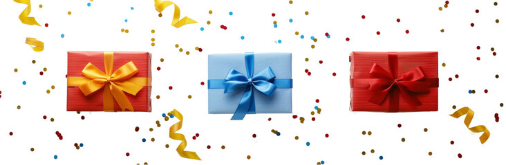 Obraz premium Vibrant Assorted Gift Boxes in Flat Layout with Bow, Ribbon, and Confetti cut out dicut PNG on transparent