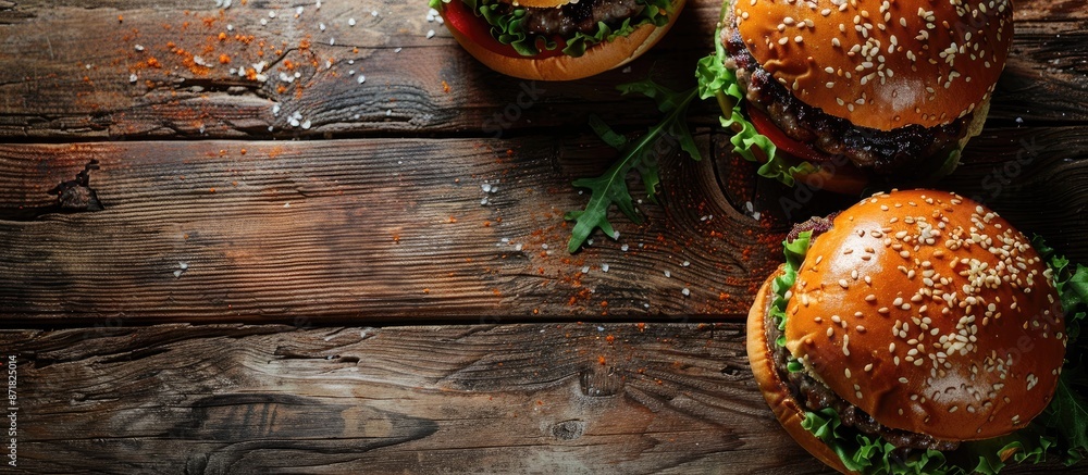 Poster close-up of homemade burgers on a rustic wooden backdrop with copy space image.