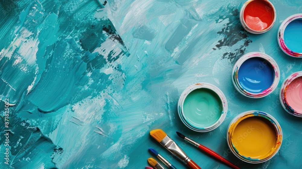 Aufkleber paint supplies on textured dual background top view with room for text representing design or constr