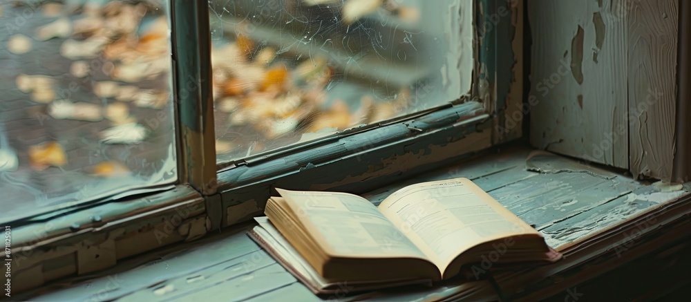 Poster an open notebook with a copy space image lies on the window sill.