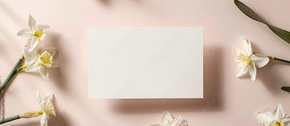 Poster top view close-up of a blank card mockup against a soft pastel backdrop, adorned with shadows of nar