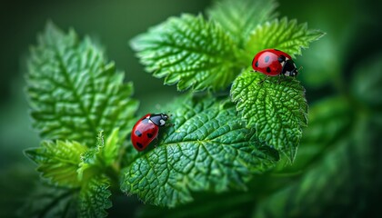Obraz premium Detailed macro shot of a vibrant ladybug perched gracefully on a lush green leaf