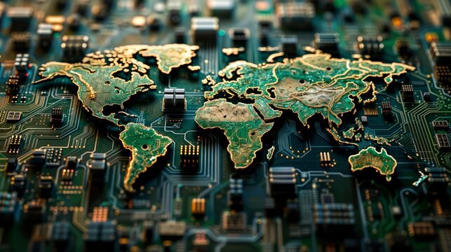 Tech-Infused Globe: World Map Made of Microchips - A Visual Representation of the Digital Age and International Technological Integration. - Powered by Adobe