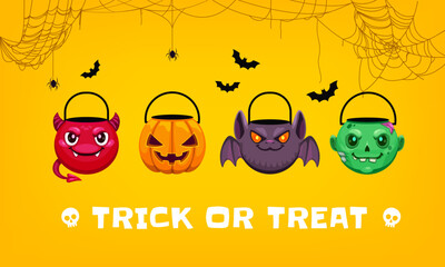 Halloween banner with holiday sweets buckets for trick or treat party, vector background. Horror night cartoon spooky pumpkin lantern, zombie and devil with bat as cauldron pots for Halloween candies