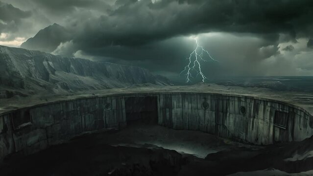 Stormy skies over a forsaken concrete fortress in a deserted terrain