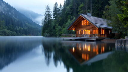 Obraz premium 28 Rustic cabin by a serene lake with misty morning view, last-minute vacation, nature solitude