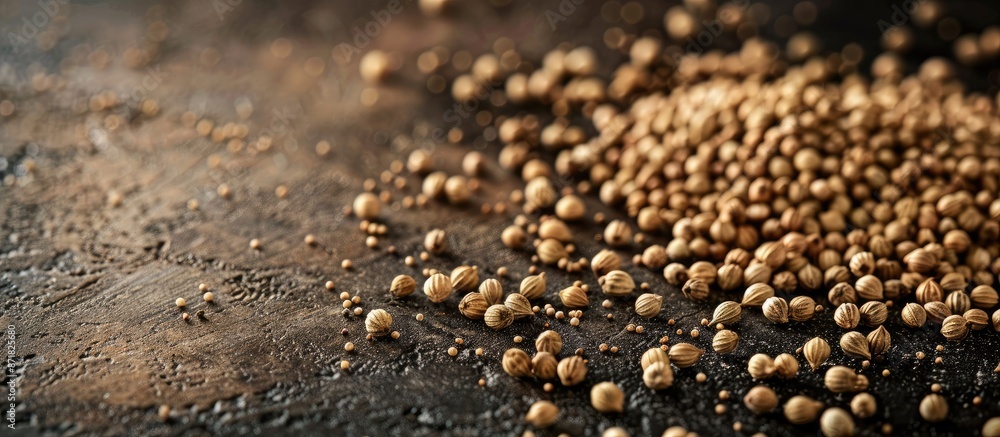 Aufkleber A few coriander seeds arranged on the table with empty space for text or image.