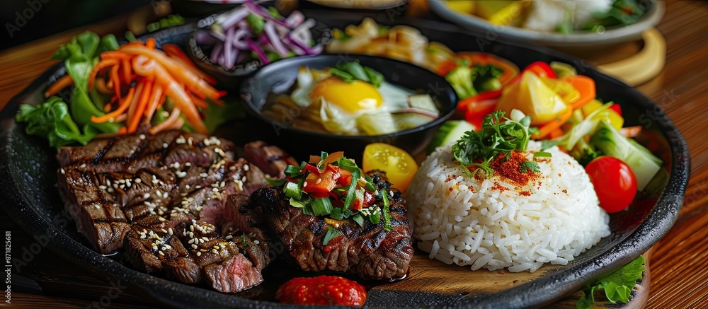 Poster menu options include an appetizing array of steak, white rice, salad, and vegetables.