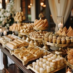 Fototapeta premium Golden Dessert Table with Delicious Treats