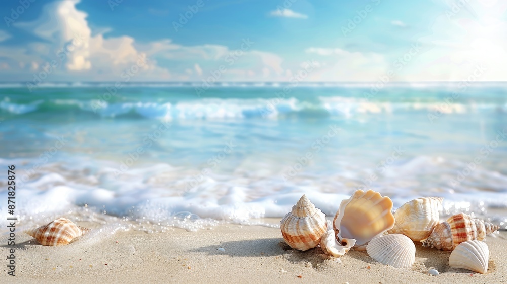 Poster a serene beach scene with seashells and ample space for text.