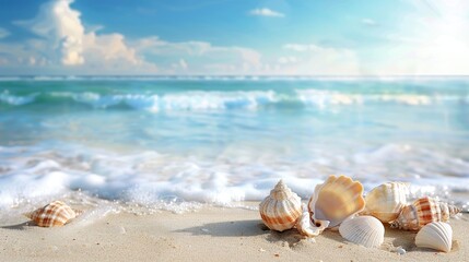 A serene beach scene with seashells and ample space for text.