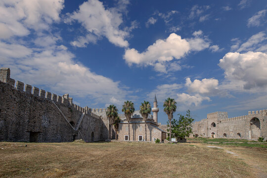 Stone walls of Mamure Castle on Mediterranean coast. Anamur, Mersin Province, Turkey.
