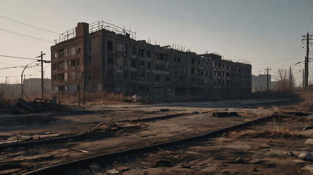 Post apocalyptic image of desert city wasteland with abandoned and destroyed buildings, war