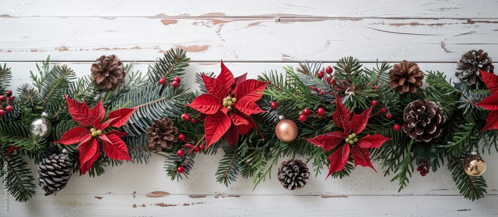 Aufkleber a festive arrangement for christmas and new year displayed on a white wooden backdrop with room for 