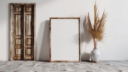 Bohemian wooden frames and canvas mockups on gray tiled floor with dried palm leaf in vase Minimalist interior design with white wall and old doors