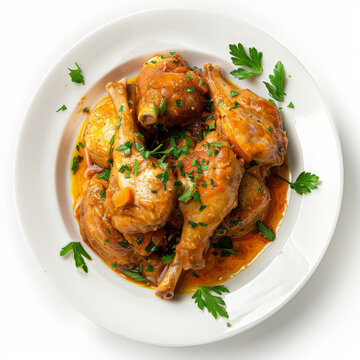 A plate of Spanish conejo al ajillo, rabbit stewed with garlic, white wine, and herbs, garnished with parsley, isolated on white background.