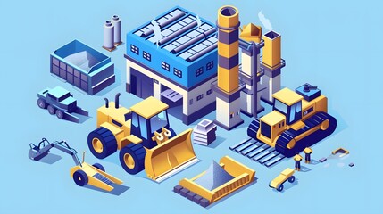 Construction bulldozer and factory isometric style icon design of remodeling working and repairing theme. 