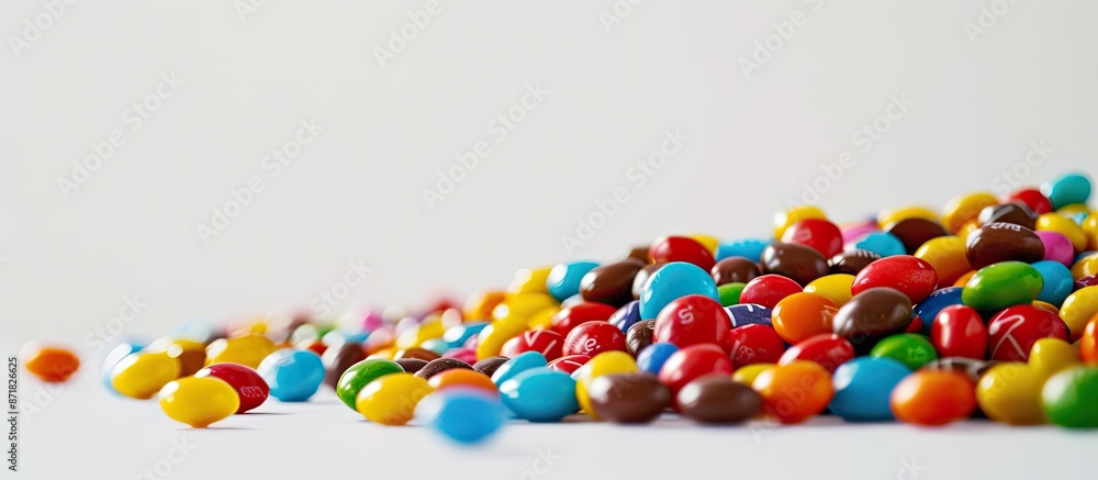 Poster A close-up photograph showing a heap of colorful candies displayed on a clean white backdrop with ample copy space image for text or graphics.