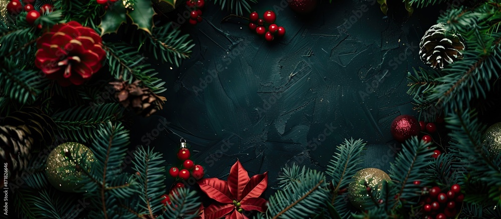 Poster festive christmas arrangement on a dark abstract backdrop, captured from above with a designated cop