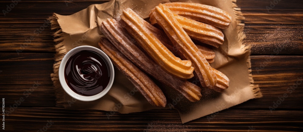 Poster top view of churros drizzled with chocolate sauce and sugar on a rustic wooden surface, with space f