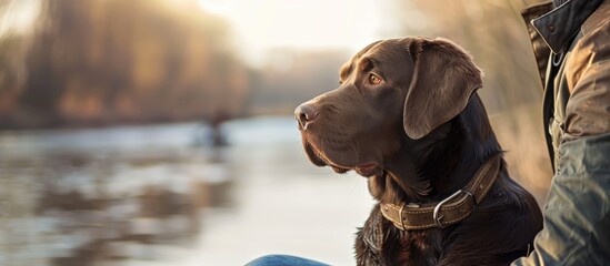 Fototapeta premium Labrador Retriever dog in chocolate color accompanying its owner while hunting along the riverside, with a blank space available for inserting an image.