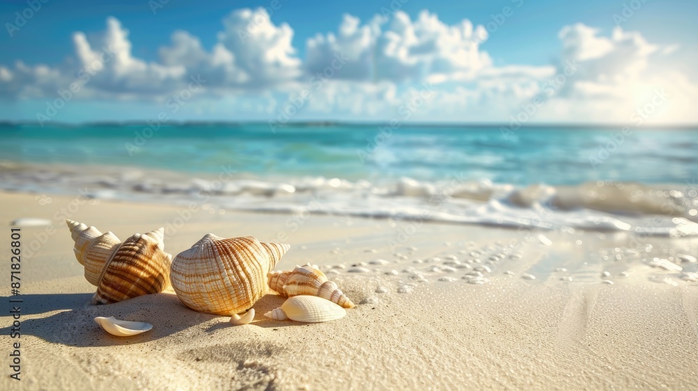 Poster a serene beach with seashells and ample space for text.