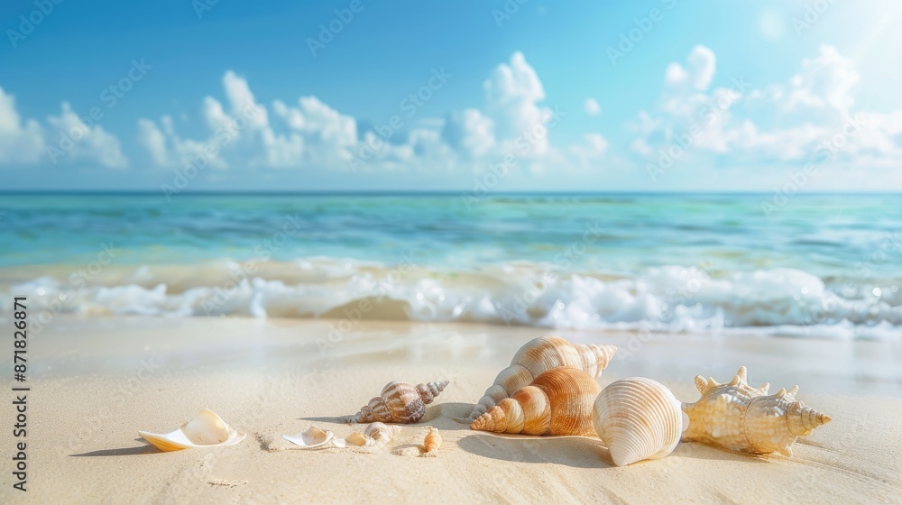 Poster a serene beach with seashells and ample space for text.