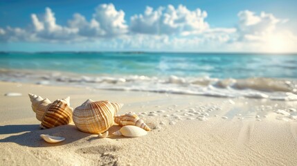 A serene beach with seashells and ample space for text.