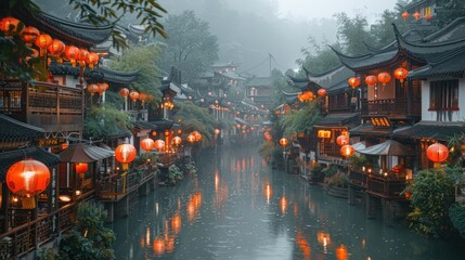Waterway through a Misty Chinese Town