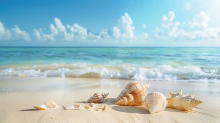A serene beach with seashells and ample space for text.