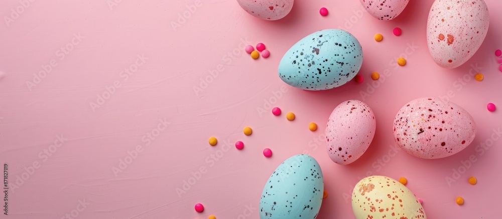 Aufkleber Colorful Easter eggs on textured pink paper background with ample copy space image for text, captured from a top view in a flat lay style with a close-up shot.