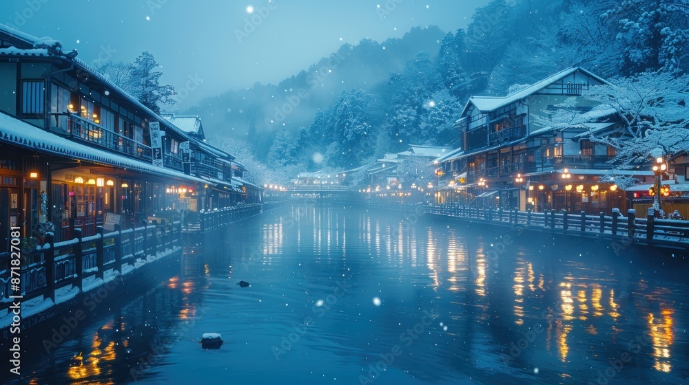 Wall mural Snowy Evening in a Japanese Town by the River