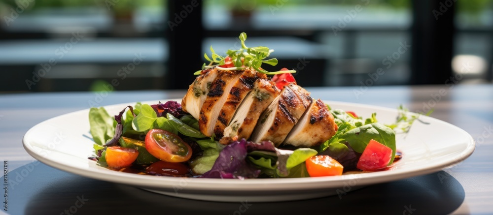 Poster an appetizing salad with diverse colors and grilled chicken crowns a white plate with ample copy spa