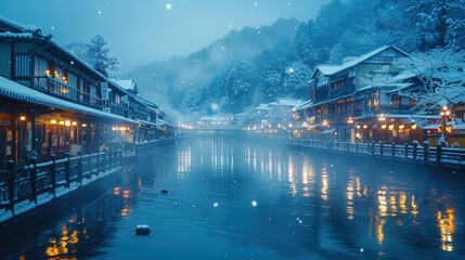 Fototapeta premium Snowy Evening in a Japanese Town by the River