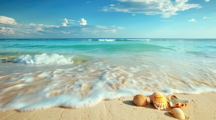 A serene beach with seashells and ample space for text.