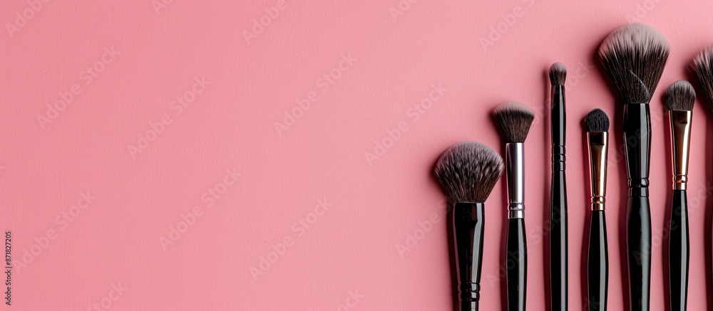 Poster top view of various sizes of makeup brushes set against a pink backdrop in a flat lay composition wi